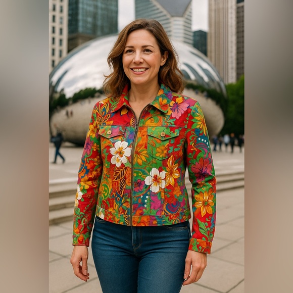 Coldwater Creek Womens Y2K Retro Multi Hibiscus Patchwork Zip Jacket EUC L #2113 - Picture 1 of 11
